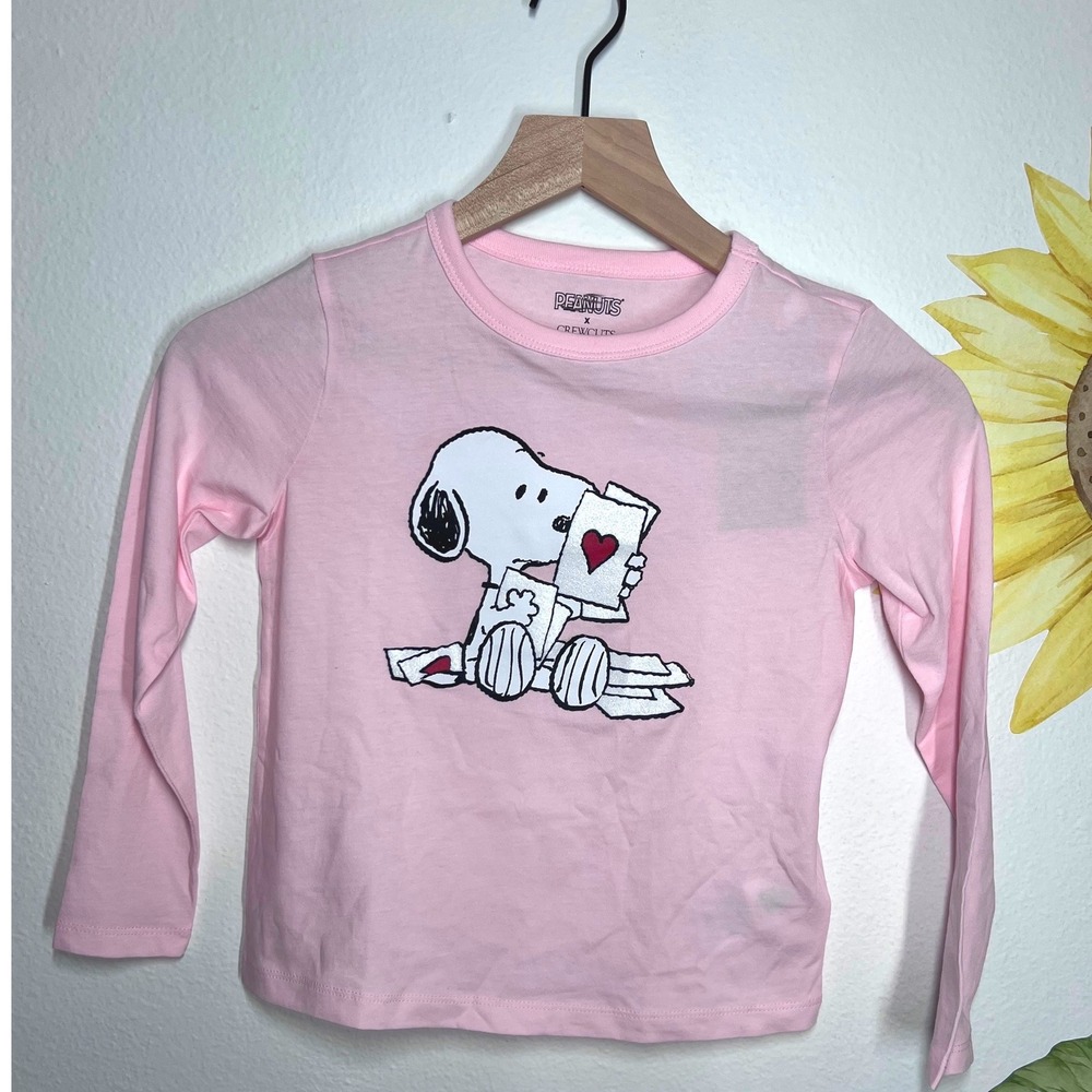 Peanuts x Crewcuts Kids Snoopy Valentine Glitter Long Sleeve Pink‎ Shirt S 6/7